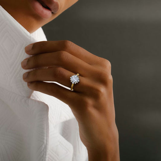 The Aurora Halo Round Brilliant Yellow Gold Diamond Engagement Ring