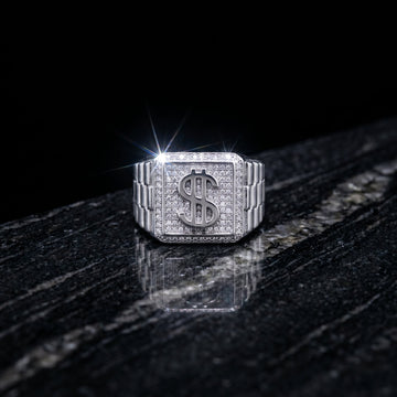Iced Out Pavé Dollar Sign Signet Ring In Sterling Silver
