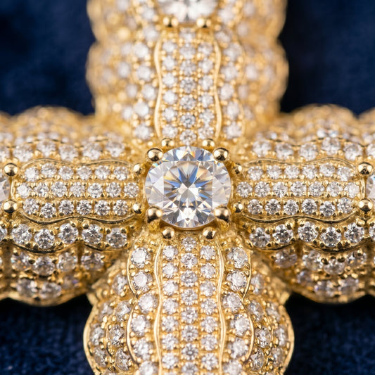 Pavé Diamond Cuban Link Center Iced Cross Pendant In Yellow Gold