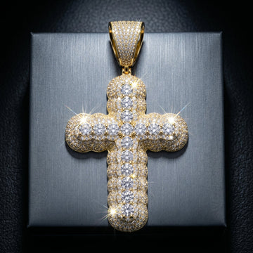 Pavé Diamond Cuban Link Center Iced Cross Pendant In Yellow Gold