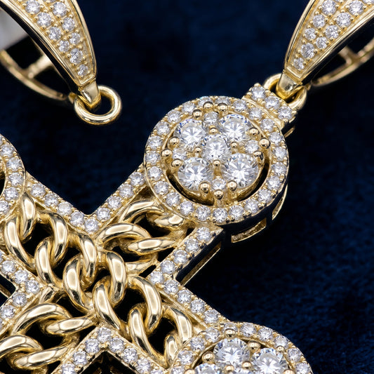 Pavé-Set Ornate Cross Pendant In Yellow Gold With Cuban Link Core And Orb Tips