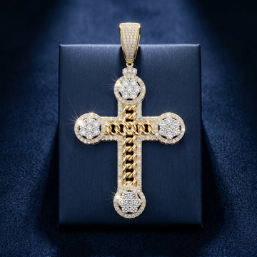 Pavé-Set Ornate Cross Pendant In Yellow Gold With Cuban Link Core And Orb Tips
