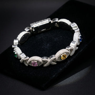 Iced Out Cuban Link Bracelet In Silver With Full Pavé CZ & Multicolour Gemstone Accents