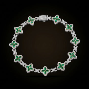 Emerald & Pavé Four-Petal Floral Link Tennis Bracelet In Silver