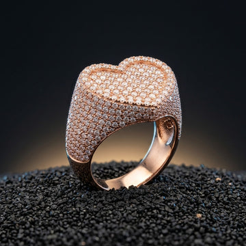 Rose Gold Pavé Heart Signet Ring Fully Iced In White CZ Stones