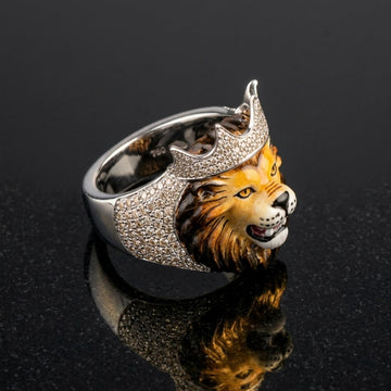 Crowned Lion King Statement Ring In Silver With Pavé Crown & Hand-Painted Enamel Face