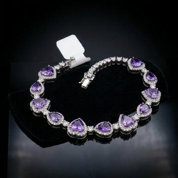 Heart-Cut Purple Stone Halo Tennis Bracelet In Silver