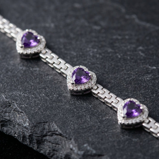 Heart-Cut Amethyst Halo Diamond Tennis Bracelet In White Gold