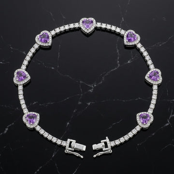 Heart-Cut Amethyst Halo Diamond Tennis Bracelet In White Gold
