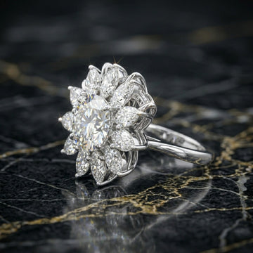Marquise Sunburst Flower Halo CZ Ring In White Gold