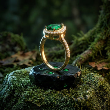 Emerald Halo Diamond Accent Ring In Yellow Gold