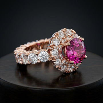 Heart-Cut Pink Stone Halo Eternity Ring In Rose Gold