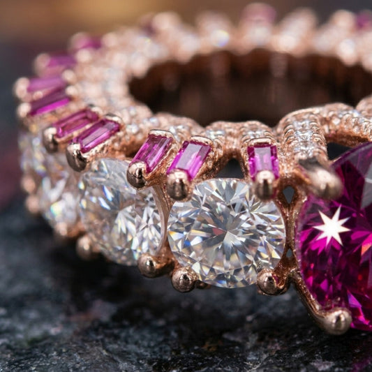 Heart-Cut Pink Stone Halo Eternity Ring In Rose Gold