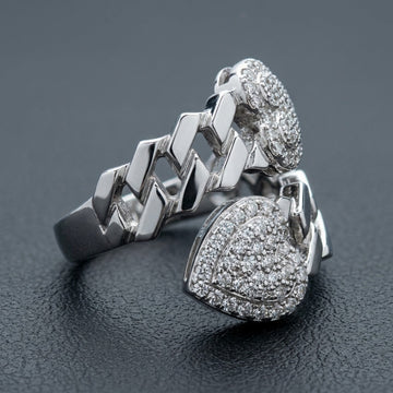 Iced Out Open Bypass Dual Serpent Head Ring In White Gold