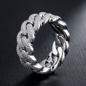 Iced Out Full Pavé Cuban Link Band Ring In White Gold