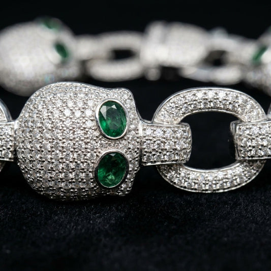 Pavé Diamond Skull Link Bracelet With Emerald Eyes In White Gold