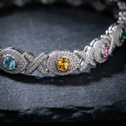 Pavé Diamond Multi-Gemstone XO Link Bracelet In White Gold