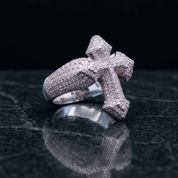 Iced Out Full Pavé Cross Statement Ring In White Gold