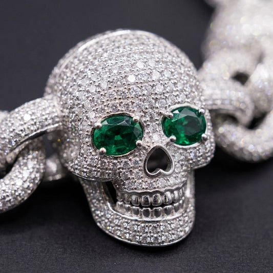 Iced Out Skull Link Bracelet In Silver With Full Pavé CZ & Emerald Eyes