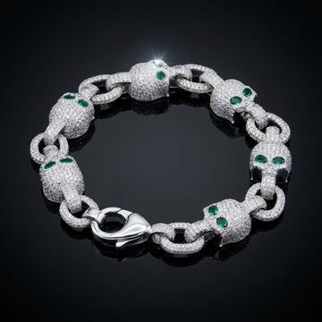 Iced Out Skull Link Bracelet In Silver With Full Pavé CZ & Emerald Eyes