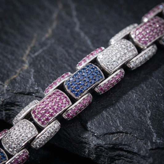 Multi-Color Pave Box-Link Statement Chain Necklace In Pink Blue & White