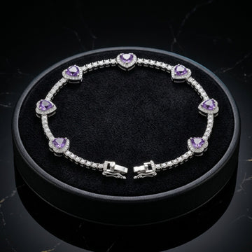 Heart-Cut Amethyst Halo Diamond Tennis Bracelet In White Gold